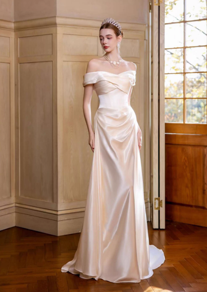 Pretty Off The Shoulder Satin Pleated Mermaid Long Wedding Dress SP2020