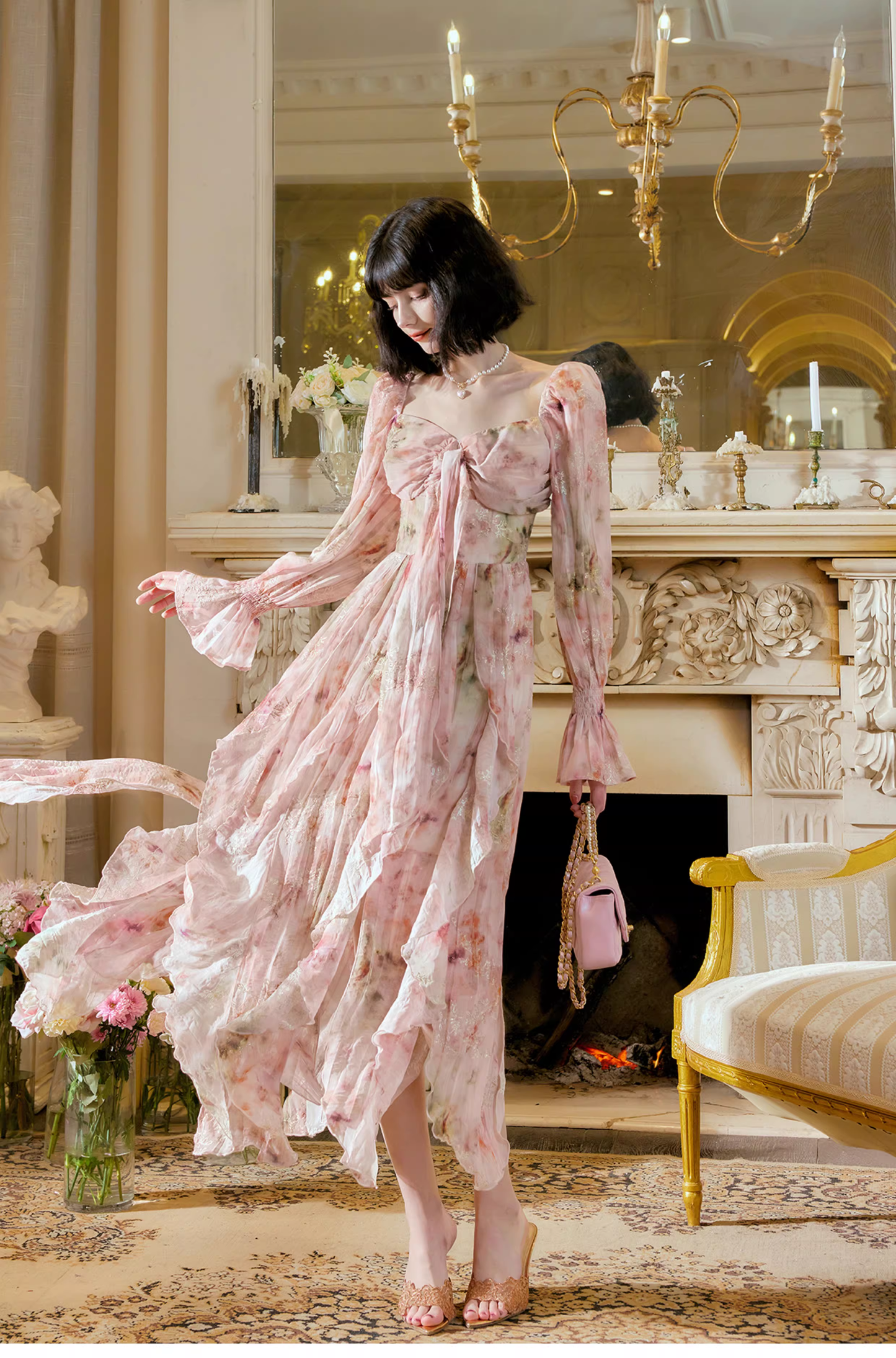 Glamorous Pink Chiffon Print Floral Long Birthday Party Dress Prom Gowns SP2010