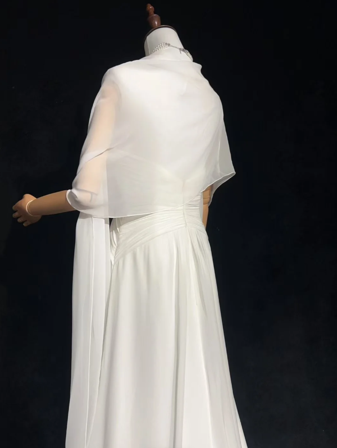 Classy Spaghetti Straps White Chiffon Beaded Mermaid Long Evening Dress Formal Birthday Prom Dresses With Cape SP1381