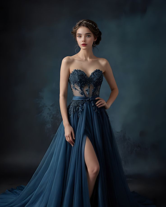 Elegant Strapless Navy Blue Tulle Appliques Prom Dress A Line Slit Evening Dress Y8319