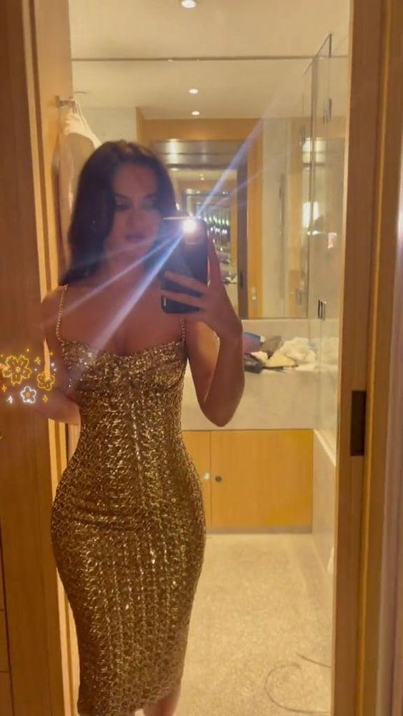 Glitter Spaghetti Straps Gold Sequin Mid-Length Evening Dress Birthday Prom Dresses SP1198