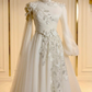Charming White Tulle Beaded Appliques Long Wedding Dress SP1313