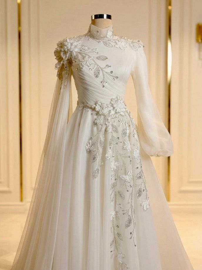 Charming White Tulle Beaded Appliques Long Wedding Dress SP1313