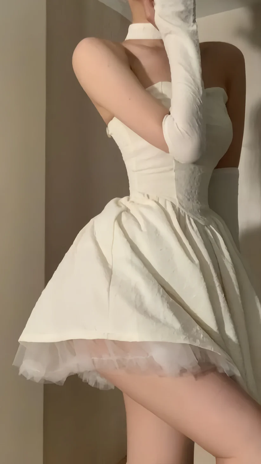 Elegant Off-White Satin Strapless A Line Short Birthday Party Dress Formal Homecoming Dress With Gloves SP141