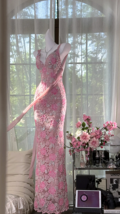 Pretty Pink V Neck Lace Floral Sheath Long Evening Dress Backless Long Birthday Party Gown SP665