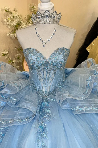 Pretty Blue Sweetheart Neck Tulle Sequin Appliques Sweet 16 Dress Formal Quinceanera Dress SP489