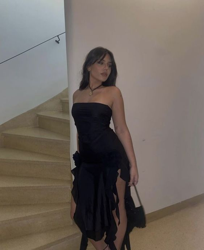 Black Sheath Ruffles Evening Dress Strapless Chiffon Prom Dress Y7765