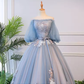 Unique blue tulle lace long prom dress, blue evening dress  S13770