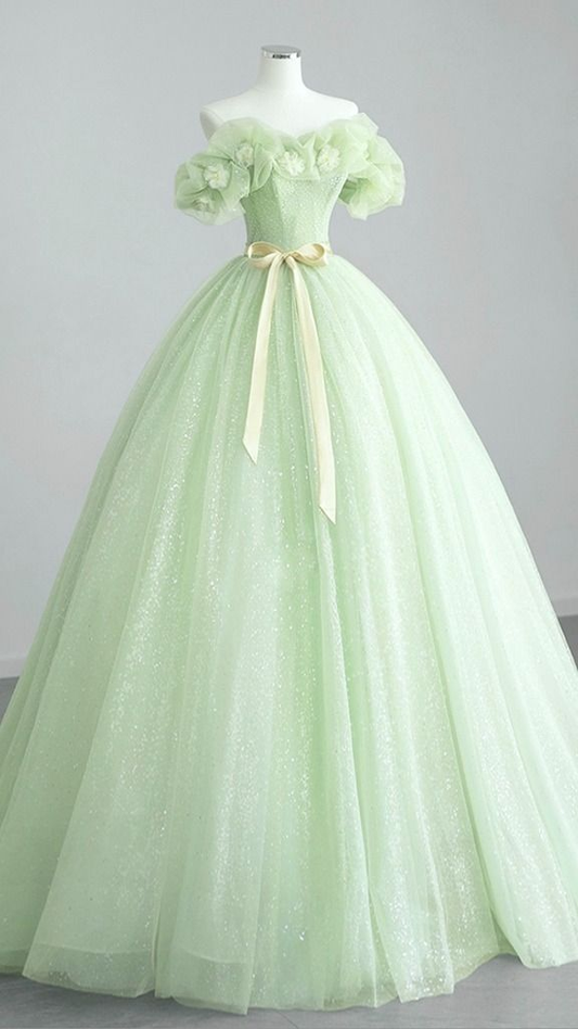 A-Line Off Shoulder Tulle Green Long Prom Dress, Green Sweet 16 Dress Y5854