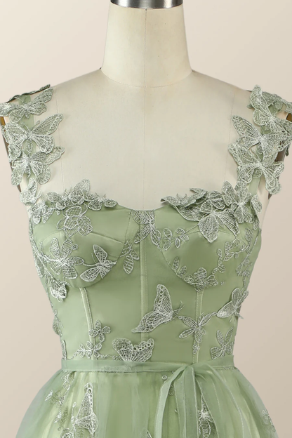 Sage Green Butterfly A-line Long Formal Dress Evening Dress  Y2801
