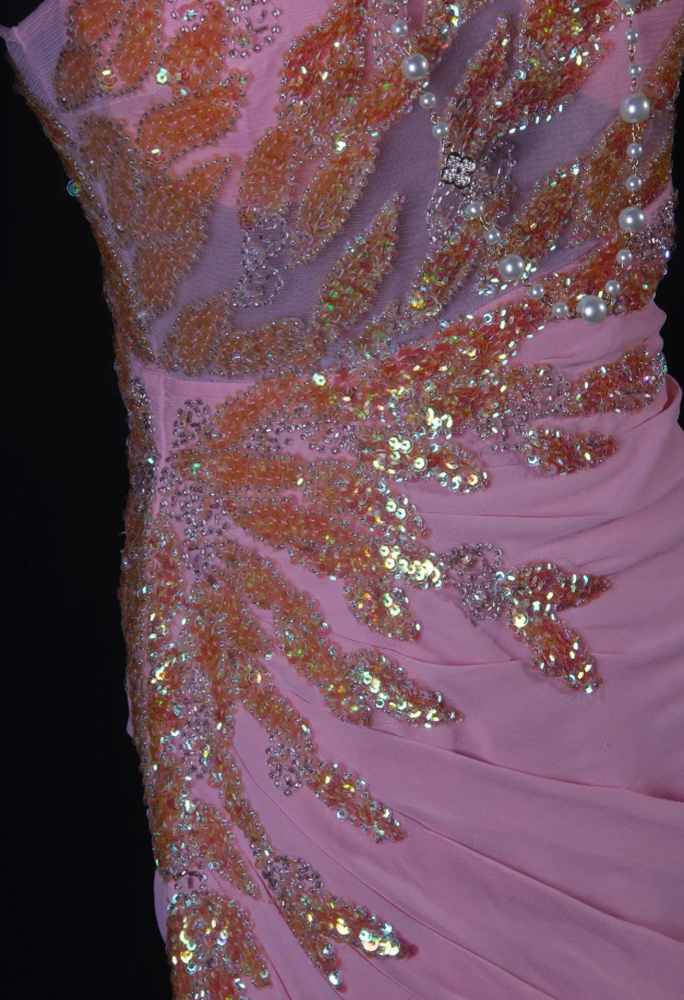 Elegant Pink One Shoulder Chiffon Sequin Beaded Mermaid Evening Dress Slit Long Birthday Prom Dress SP1692