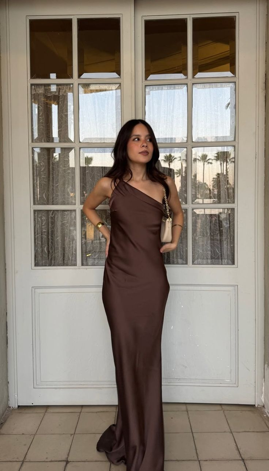 Sexy One Shoulder Brown Satin Backless Long Prom Dress Birthday Wedding Guest Dress SP277