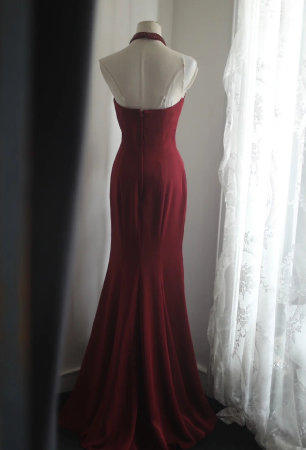 Pretty Halter Red Satin Beaded Mermaid Evening Dress Long Wedding Guest Dress SP1249