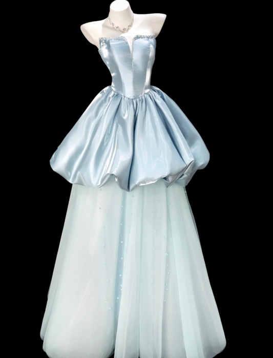 Classy Blue Strapless Satin Tulle Beaded A Line Long Party Dress 21st Birthday Outfits Two Piece SP1927