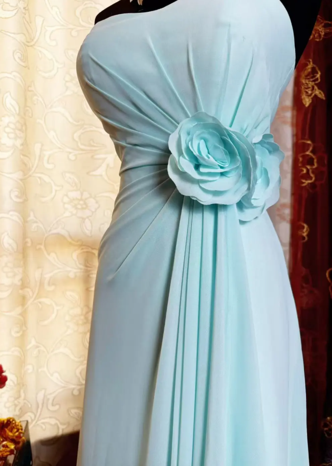 Classy Blue Strapless Chiffon Long Party Dress Birthday Dress With Floral SP1952