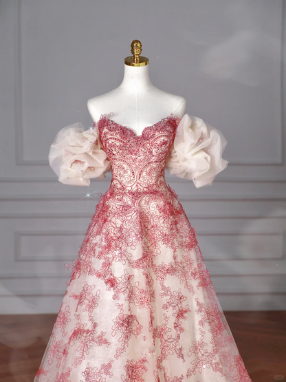 Pretty Tulle Beaded Red A Line Off The Shoulder Prom Dress Evening Dress,Formal Birthday Ball Gown Y8621