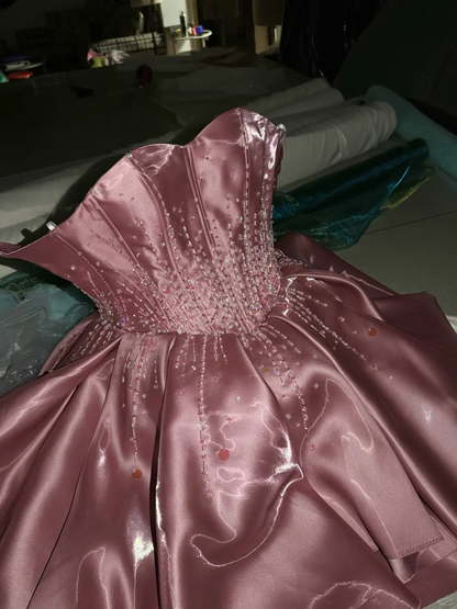 Charming Strapless Satin Beaded Hi-Low Party Dress Pink Long Prom Dress SP4218