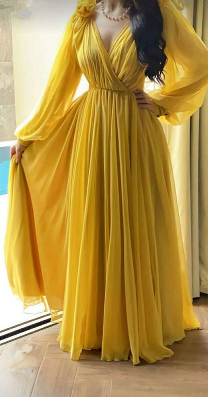 Yellow A-line V Neck Long Sleeves Prom Dress,Yellow Wedding Guest Outf Simplepromdress Yellow A-line V Neck Long Sleeves Prom Dress,Yellow Wedding Guest Outf Simplepromdress