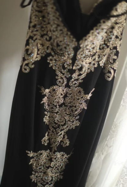 Fashion Spaghetti Straps Black Appliques Beaded Mermaid Long Wedding Guest Dress Party Dress SP1257