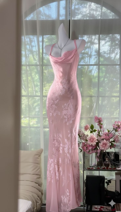Pretty Spaghetti Straps Pink Chiffon Print Floral Mermaid Long Party Dress Formal Wedding Guest Dress SP1571
