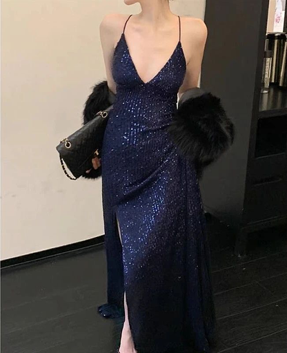 Sexy Navy Blue V Neck Slit Evening Dress Long Prom Dress Y7798