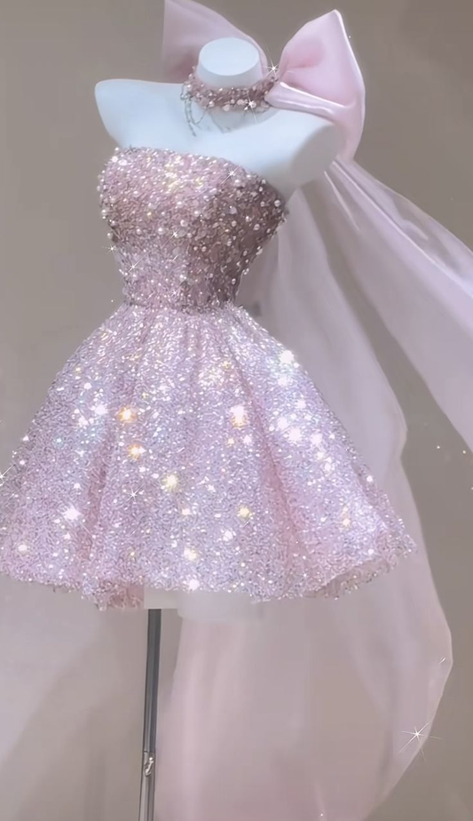 Cute Pink Strapless Tulle Sequin Beaded A Line Short Birthday Outfits Formal Homecoming Dress With Bow Y9482