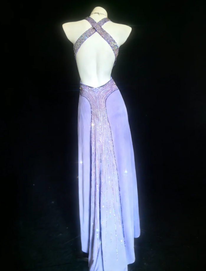 Classy Purple Halter Satin Sequin Beaded Mermaid Evening Dress Backless Long Party Gown SP1597