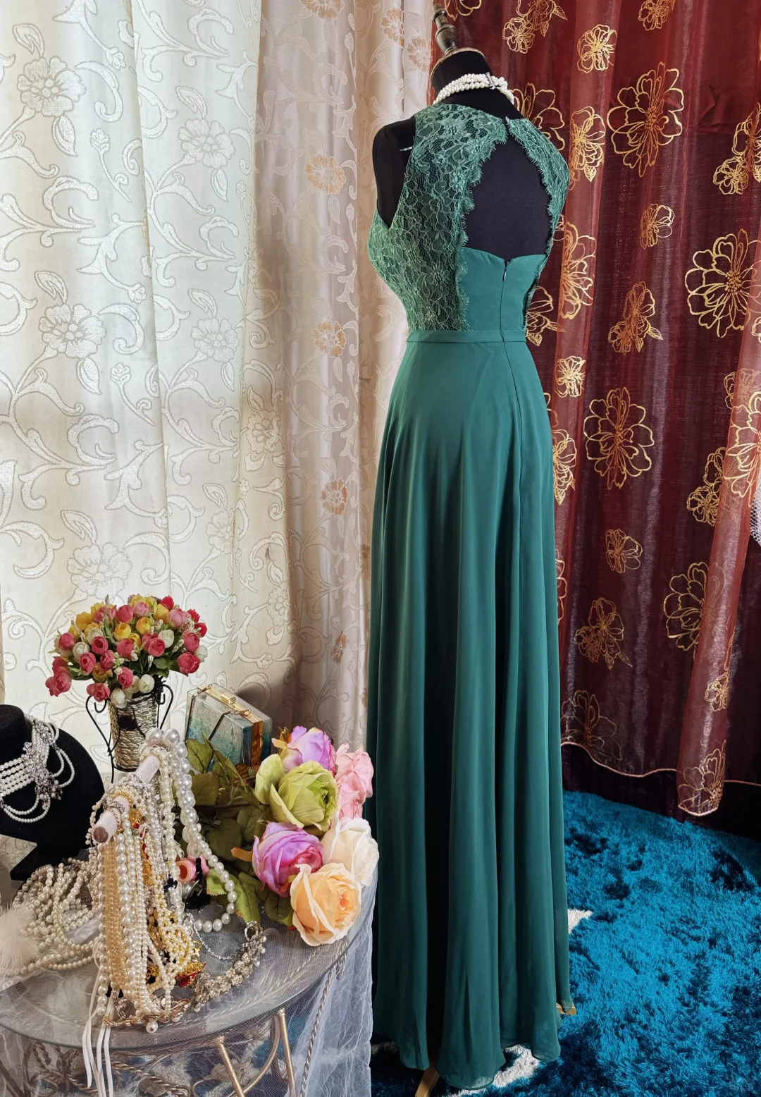 Vintage Green Sleeveless Lace Chiffon A Line Long Evening Dress Formal Wedding Guest Dress SP2385