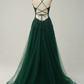 Hunter Green Plunging V Neck Appliques Lace-Up A-line Long Prom Dress Y4243