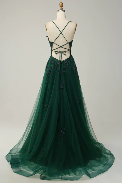 Hunter Green Plunging V Neck Appliques Lace-Up A-line Long Prom Dress Y4243