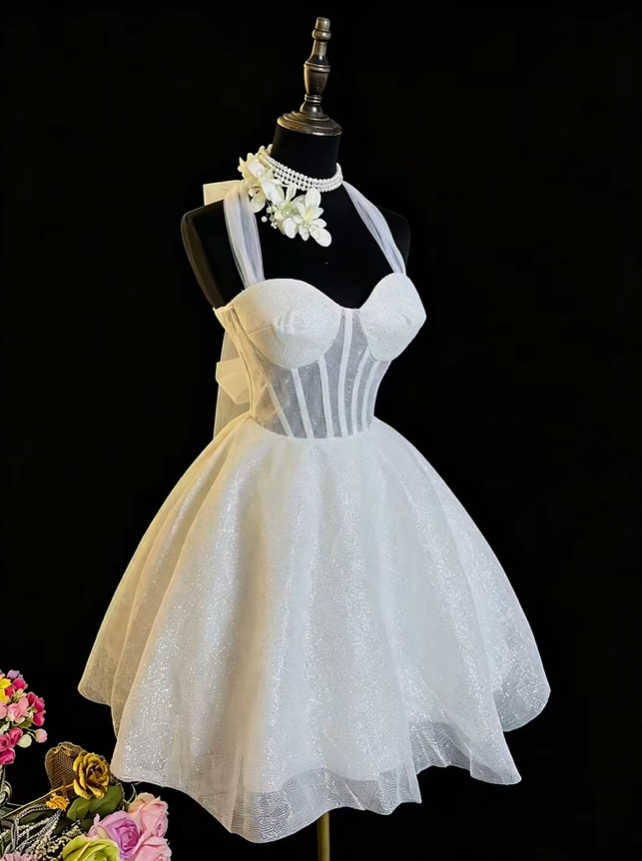 Shiny Bow Straps Sequin A Line Short Cocktail Dress White Short 6th Grade Homecoming Dress SP2371