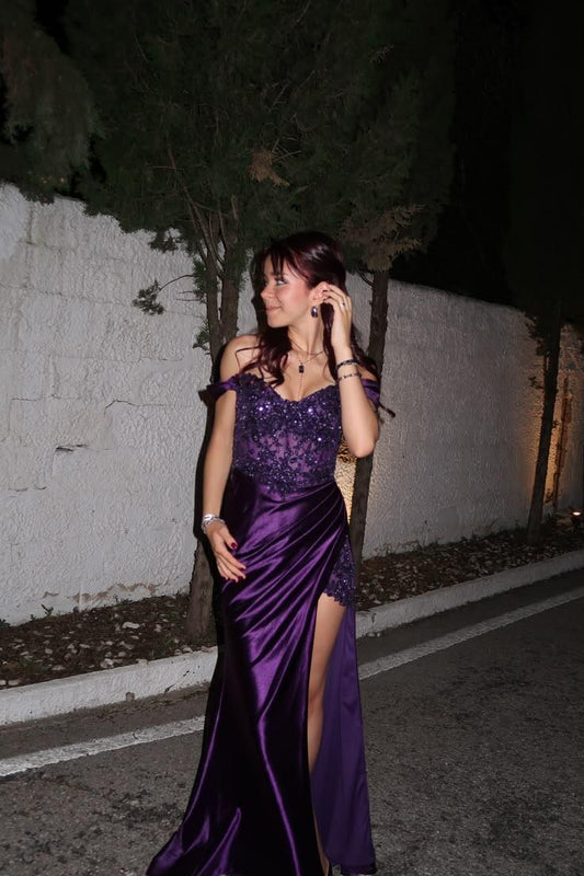 Charming Purple Satin Beaded Mermaid Slit Party Dress Off The Shoulder Birthday Evening Gown SP4259