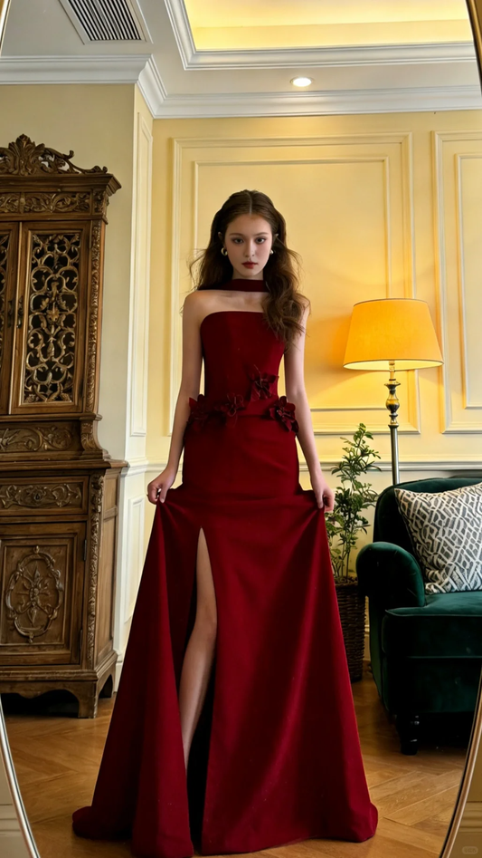 Fashion Burgundy Strapless Satin Flowers Slit Long Party Dress Formal Wedding Guest Dress SP2062