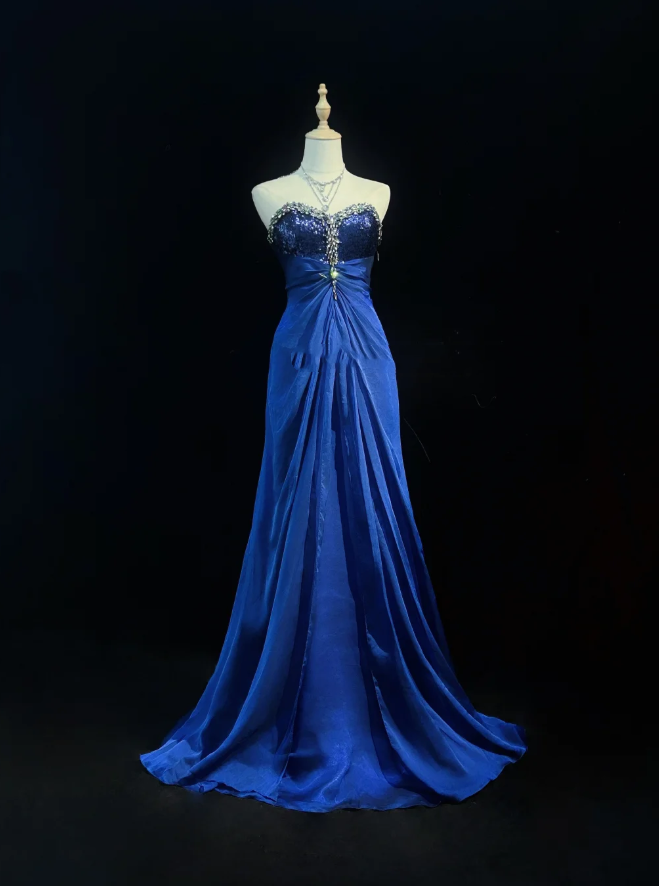 Gorgeous Strapless Satin Sequin Beaded Mermaid Long Party Dress Blue Birthday Prom Dress SP1820