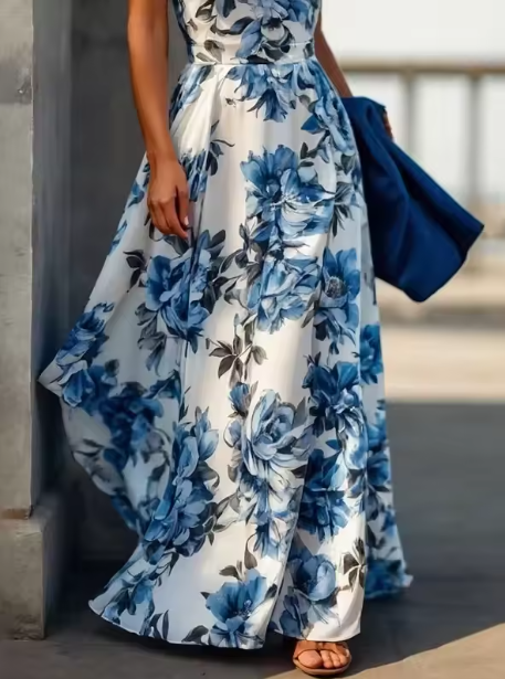 New Arrive Sleeveless Satin Floral Print Halter Neck A Line Evening Dress,Blue Prom Dress Y8480