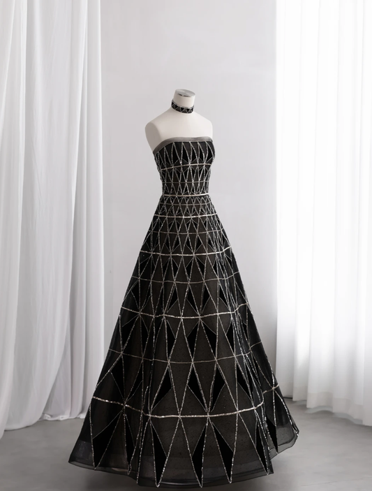 Gorgeous Black Tulle Sequin Beaded Long Birthday Party Dress Strapless Prom Dress SP1517