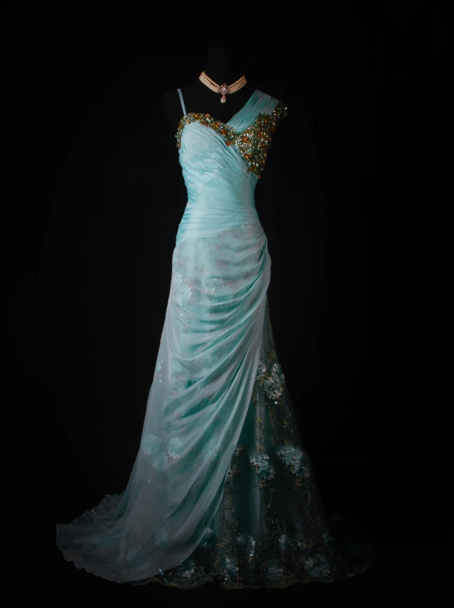 Chic Blue Chiffon Lace Beaded Mermaid Evening Dress Long Birthday Dress With 3D Flowers SP1694