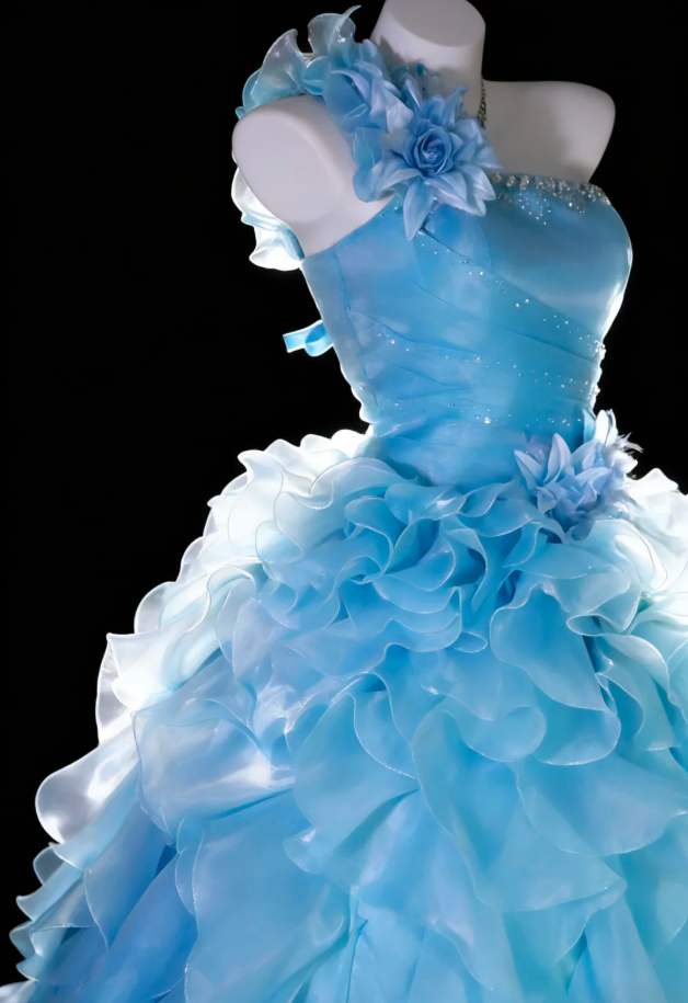 Fairy Blue Ball Gown One Shoulder Tulle Beaded Ruffles Long Birthday Evening Dress Prom Gown SP1836