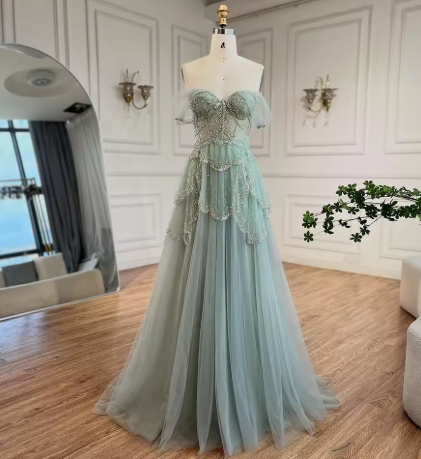 Sage Green A-Line Off The Shoulder Tulle Beaded Evening Dress,Formal Prom Dress Y8157