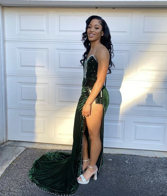 Green Velvet Prom Dress African Mermaid Evening Dress With Slit Y6480