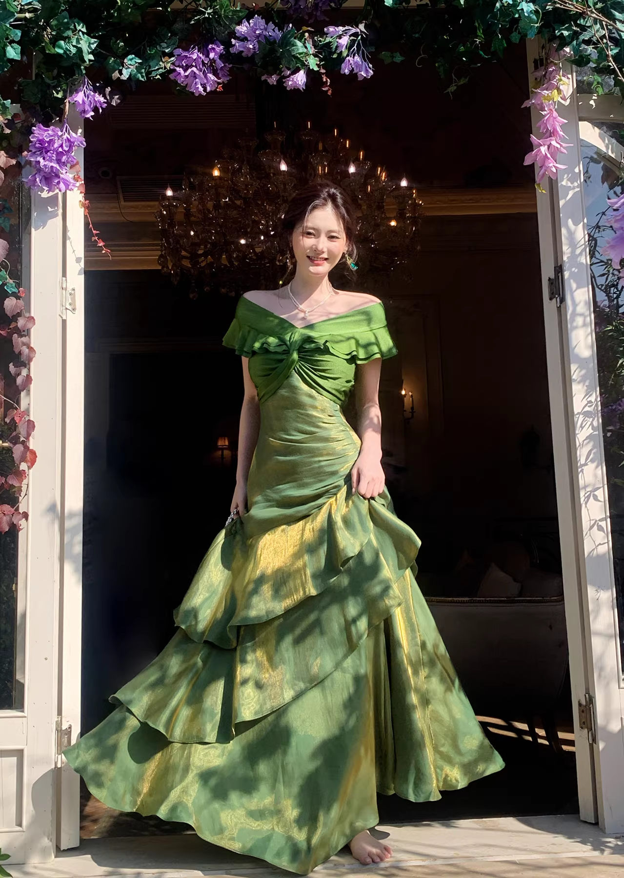 Glamorous Off The Shoulder Green Satin Ruffles Layered Mermaid Evening Dress Long Birthday Outfits SP1644