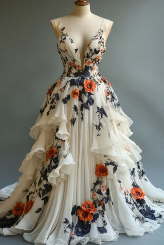 Classy Ivory Chiffon Appliques Long Prom Dress Evening Dress Y8329
