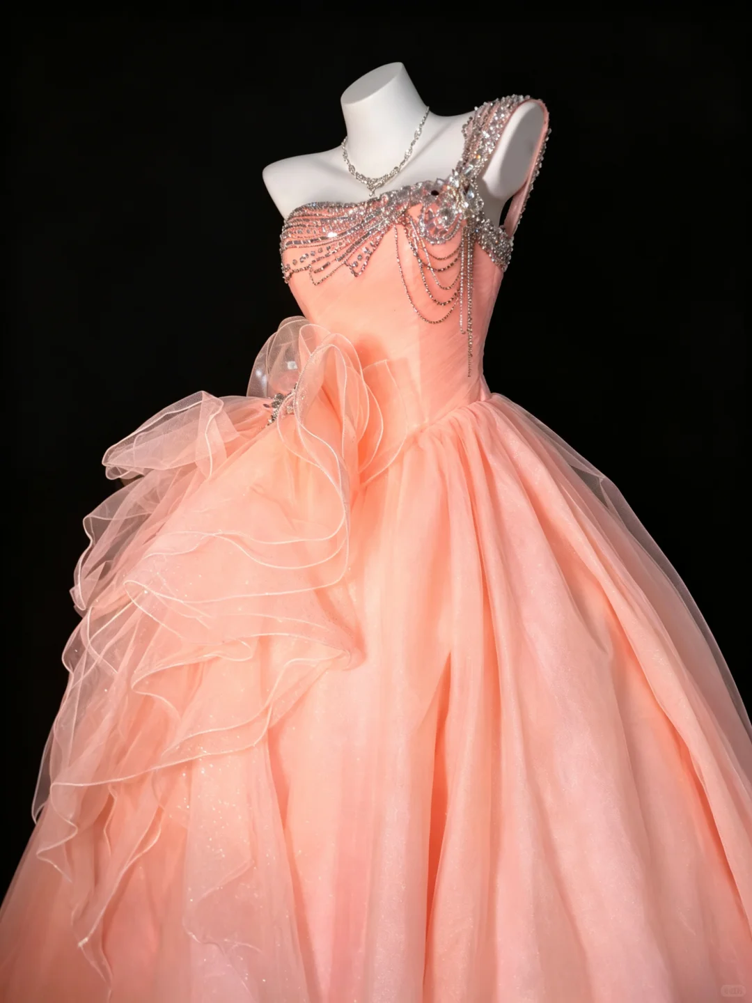 Dreamy Blush Peach One Shoulder Princess Ball Dress Sparkly Rhinestone Bodice Big Ruffle Bow Tulle Quinceanera Dress SP2733