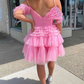Pleated Hot Pink Cold Sleeves Tiered Tulle Party Dress,Short Homecoming Dress Y1955