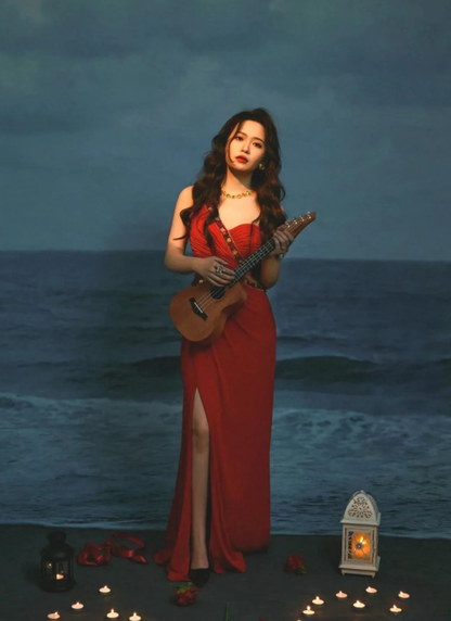 Charming Red One Shoulder Satin Beaded Mermaid Slit Prom Dress Long Evening Dress SP566