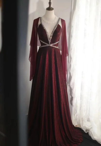Sexy Burgundy Satin Beaded Backless Long Evening Dress Prom Gown SP848