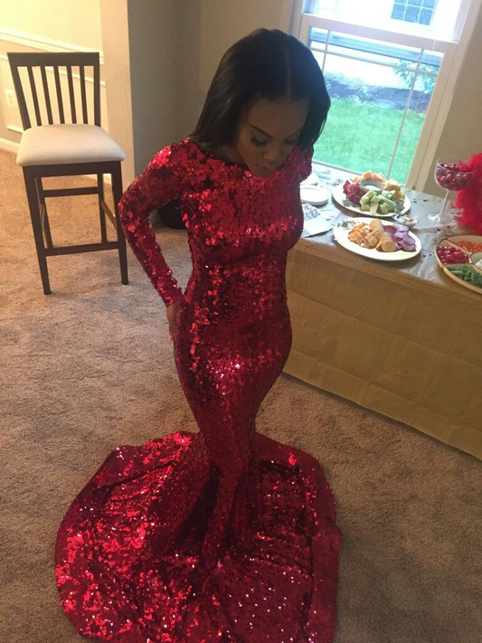 Sparkly Red Sequin Mermaid Evening Dress Long Birthday Outfits SP740