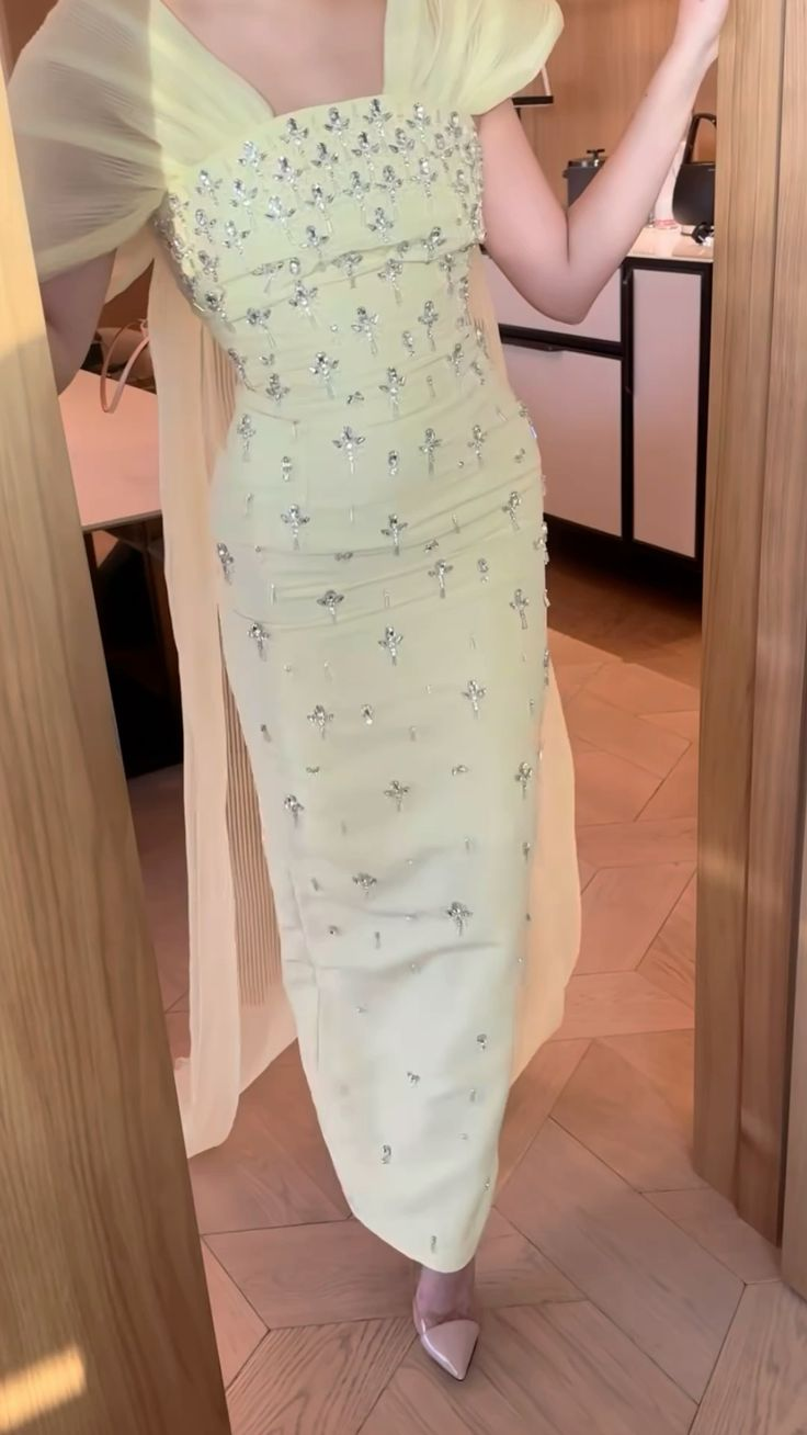 Classy Yellow Satin Chiffon Beaded Long Birthday Prom Gown Evening Dress SP1199