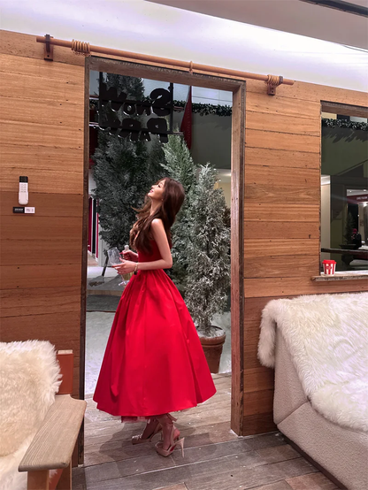 Charming Halter A Line Satin Long Prom Dress Red Evening Dress Birthday Dress SP2297