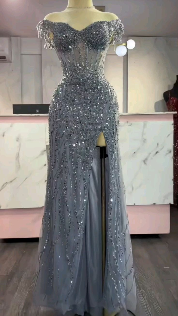 Gorgeous Off The Shoulder Tulle Sequin Beaded Long Wedding Guest Dress Gray Slit Mermaid Party Dress SP1401
